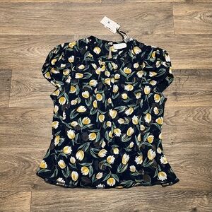 NEW Byron Lars Beauty Mark Floral Short Sleeve Blouse Navy Blue Size 12 NWT